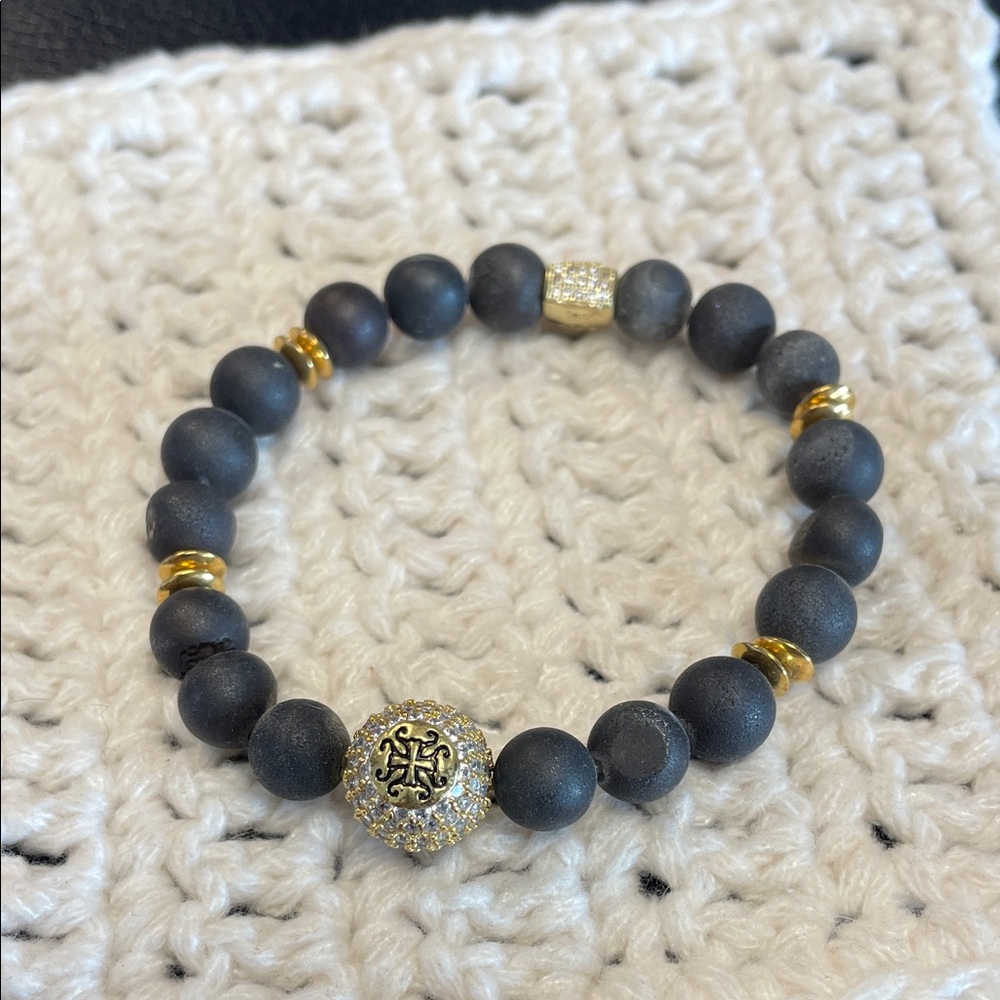 Rustic Cuff Black and Gold Beaded Bracelet with rhinestone detailing